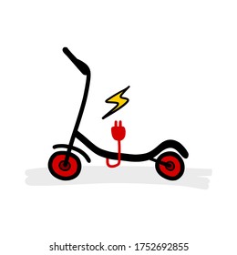 Red and black eco electric scooter. Cartoon illustration hand drawn on white background. Isolated vector drawing.