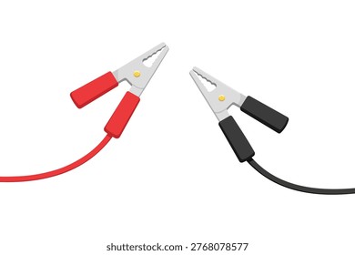 Red and black electrical alligator clips with connected wires on a white background