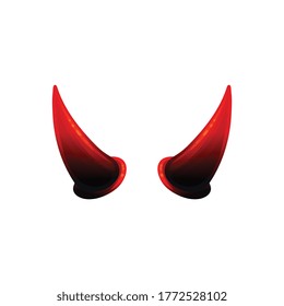 Red and black evil horn pair isolated on white background - realistic dark sharp horns for devil or Satan costume. Vector illustration of Halloween style sticker.