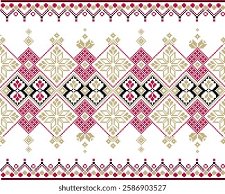 Red and black Fabric pixel abstract geometric pattern design for clothing, fabric, background, wallpaper, wrapping, batik. Knitwear, Embroidery style. Aztec geometric art ornament print. Vecter set.