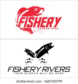 Red black fish water icon initial symbol modern logo design suitable for Environmental Steel head Rivers Anglers illustration ocean nature healthy animal fisherman aquatic seafood swimming