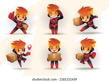 Red Black Flame Little Super Hero Boy Mascot Character Set Delivery Package