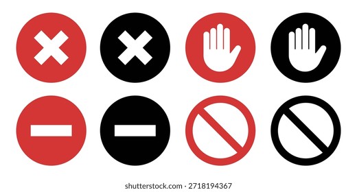 Red and black flat stop sign icon set with hand gesture prohibition restricted entry and no access symbols for safety warning and regulatory UI design.