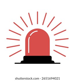 Ilustração em estilo plano vermelho e preto de uma sirene com feixes de luz radiante contra um fundo branco.