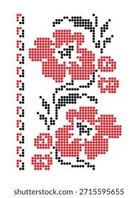 Red and black floral dotted repeat pattern. Traditional Ukrainian Poltava region ornament for prints and design projects