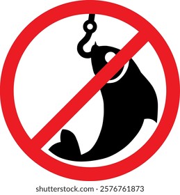 Red and black forbidden sign no fishing allowed with silhouette of fish and hook. Illustration made January 26th, 2025, Zurich, Switzerland.