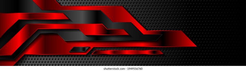 Red and black futuristic abstract technology background. Chrome metallic perforated texture design. Vector header banner