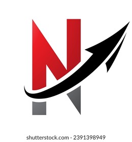 Red and Black Futuristic Letter N Icon with an Arrow on a White Background