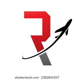 Red and Black Futuristic Letter R Icon with an Airplane on a White Background