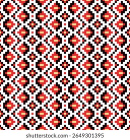 Padrão étnico geométrico vermelho e preto. Pixel ornamento de vetor sem costura isolado no fundo branco. Bordado popular tradicional e conceito têxtil. Design para têxteis, papel de parede, cartaz, banner, pri