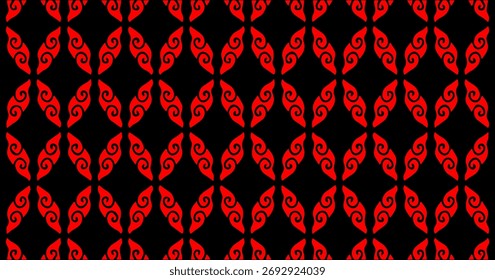 Red and black geometric seamless pattern with abstract curved motifs, elegant and bold design for fabric or wallpaper.