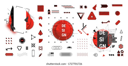 Red and black geometric shape in memphis style. Abstract modern elements, cover design. Trendy graphics shapes, vaporwave style use for poster, banner, cover, merch, print and other. Vector set