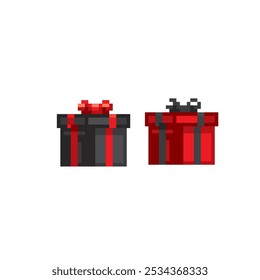 Red and black giftboxes pixel art icon. Design for logo, web, mobile app, sticker, badges and patches. Video game sprite. 8-bit. Isolated vector illustration.