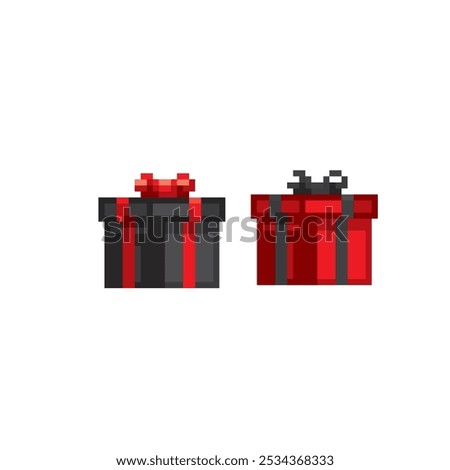 Red and black giftboxes pixel art icon. Design for logo, web, mobile app, sticker, badges and patches. Video game sprite. 8-bit. Isolated vector illustration.