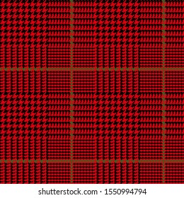 Red Black Glen Plaid Seamless Vector Pattern with Green Overcheck. Christmas Background. Prince of Wales Check. Classic 8x8 Houndstooth Scottish Fabric. Pixel Pattern Tile Swatch Included.