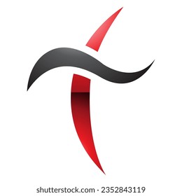 Red and Black Glossy Curvy Sword Shaped Letter T Icon on a White Background