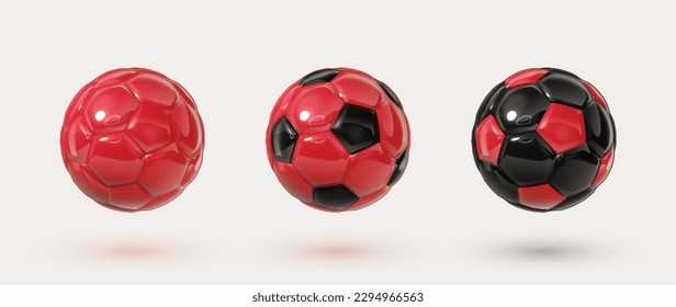 Red and black glossy football balls isolated design elements on white background. Colorful soccer balls collection. Vector 3d design elements. Sports close up icons.