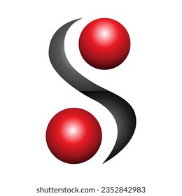 Red and Black Glossy Letter S Icon with Spheres on a White Background