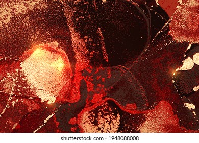Fondo de mármol abstracto rojo, negro y dorado con chispas. Textura vectorial en la técnica de tinta alcohólica con brillo. Plantilla para banner, diseño de afiches. Pintura de arte fluido