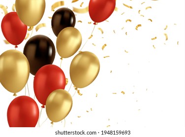 Red, Black And Gold Balloons And Golden Confetti. Vector Glossy Realistic Baloon On Transparent Background