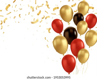 Red, black and gold balloons and golden confetti. Vector glossy realistic baloon on transparent background