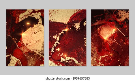 Red, black and gold pattern with texture of geode and sparkles. Abstract vector background in alcohol ink technique. Modern paint with glitter. Set of backdrops for banner, poster design. Fluid art