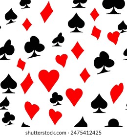 Red, black, golden suits of playing cards seamless pattern. Spades, crosses, diamonds and hearts. suits for playing cards