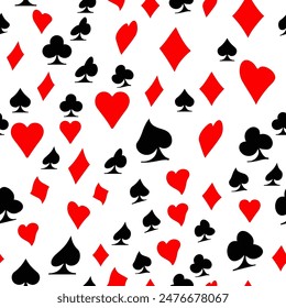 Red, black, golden suits of playing cards seamless pattern. Spades, crosses, diamonds and hearts. suits for playing cards