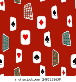 Red, black, golden suits of playing cards seamless pattern. Spades, crosses, diamonds and hearts. suits for playing cards