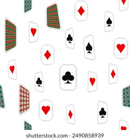Red, black, golden suits of playing cards seamless pattern. Spades, crosses, diamonds and hearts. suits for playing cards