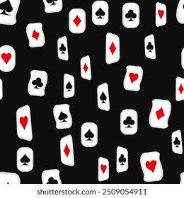 Ternos vermelhos, pretos, dourados de cartas de jogo padrão sem costura. Espadas, cruzes, diamantes e corações. ternos para jogar cartas