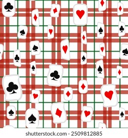 Ternos vermelhos, pretos, dourados de cartas de jogo padrão sem costura. Espadas, cruzes, diamantes e corações. ternos para jogar cartas