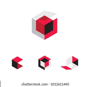 Red Black and Gray 3d boxes or cubes for vector logo or icon set. Flat shaded squares and hexagons showing folded open and closed boxes