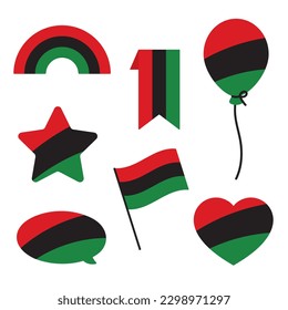 Red, black and green colored heart, star, rainbow, balloon, flag, speech bubble shape icons as the colors of the Pan-African flag. For Juneteenth and Black History Month. Flat vector illustration.