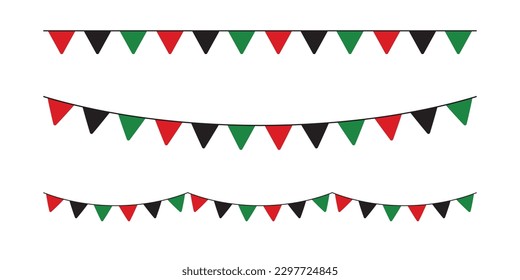 Red, black and green colored party bunting as the colors of the Pan-African flag. For Juneteenth and Black History Month. Flat vector illustration.