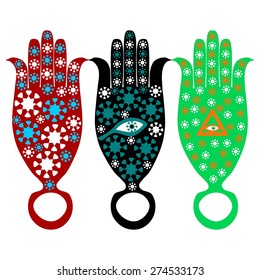 Red, black and green hamsa protective amulets