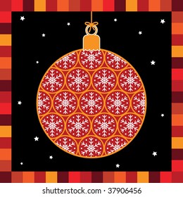 red and black greeting card with snowflake bauble design
