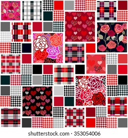 Red, black and grey patchwork Valentine's day mega set. Collage from textile seamless pattern with roses, hearts, hounds tooth prints and checkered flaps. Backgrounds & textures shop.