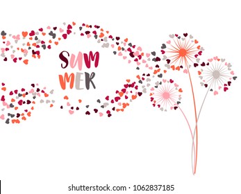 Red black grey vector dandelion herbs, meadow flowers illustration. Floral summer windy background with dandelion blowing plant. Flowers with heart shaped feather flying. Meadow summer blossom.