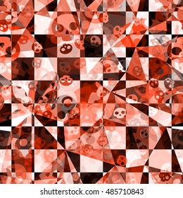 Red and black. Grunge triangular texture with skulls and checkerboard pattern. Abstract seamless vector pattern for Halloween, fabrics, printing