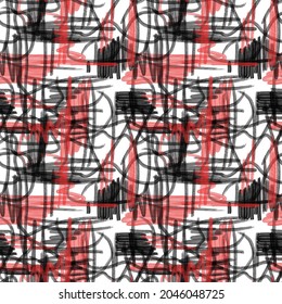 Red and black hand painted design on white background. Artistic seamless repeatable vector pattern. 
