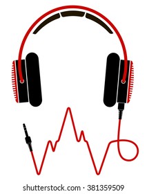 Red and black headphones with cable. Vector illustration