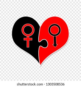 Red And Black Heart Assembled Of Two Puzzle Pieces With Man and Woman Mars and Venus Sign. Sex Symbols. Male and Female Genders Icon, Valentines Day Clip Art. Heterosexual Couple In Love. Vector