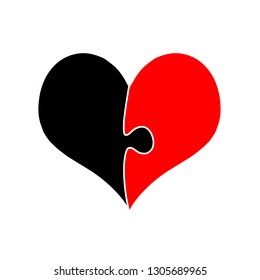 Red And Black Heart Assembled Of Two Puzzle Pieces Isolated on White Background. Sex Symbol. Genders Interaction. Opposite Unity. Cartoon Icon,Happy Valentines Day. Heterosexual Couple Love. Vector
