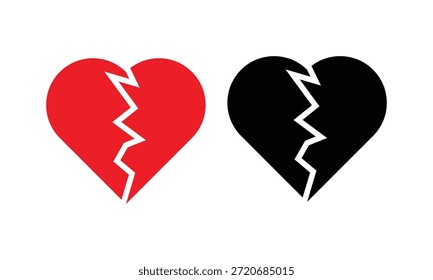 Coração vermelho e preto quebrado em duas peças ícone ou logotipo de ilustração vetorial, conceito de coração quebrado, separação ou divórcio, arrependimento de coração partido, casal separado, amor trágico. eps10
