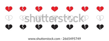 Red and Black Heart broken to two pieces vector illustration icon or logo, broken heart concept, breakup or divorce, heartbreak regret, separated couple, tragic love. eps10