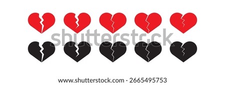 Red and Black Heart broken to two pieces vector illustration icon or logo, broken heart concept, breakup or divorce, heartbreak regret, separated couple, tragic love. eps10