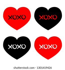 Red, black heart icon set. Xoxo phrase sketch saying. Hugs and kisses. Happy Valentines day sign symbol. Cute graphic object. Love greeting card. Flat design. Isolated White background. Vector