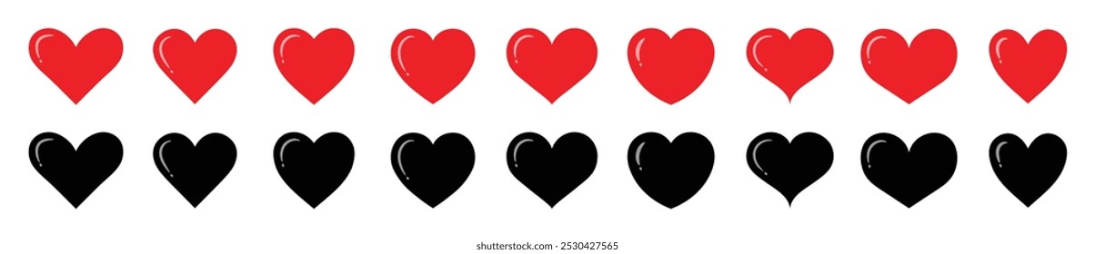 Red and black heart icon set with shiny. Collection of red and black heart vector icons isolated on a white background. Hand drawn of different shapes. Vector illustration.