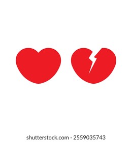 Red and black heart icon set and heartbreak broken heart or divorce flat vector icon for apps and websites